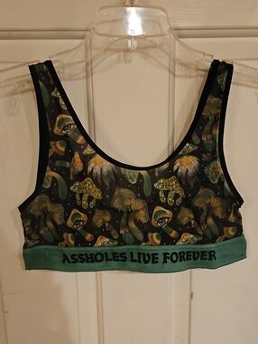Mushroom Print Green Scoop Sports Bra with Contrast Band
